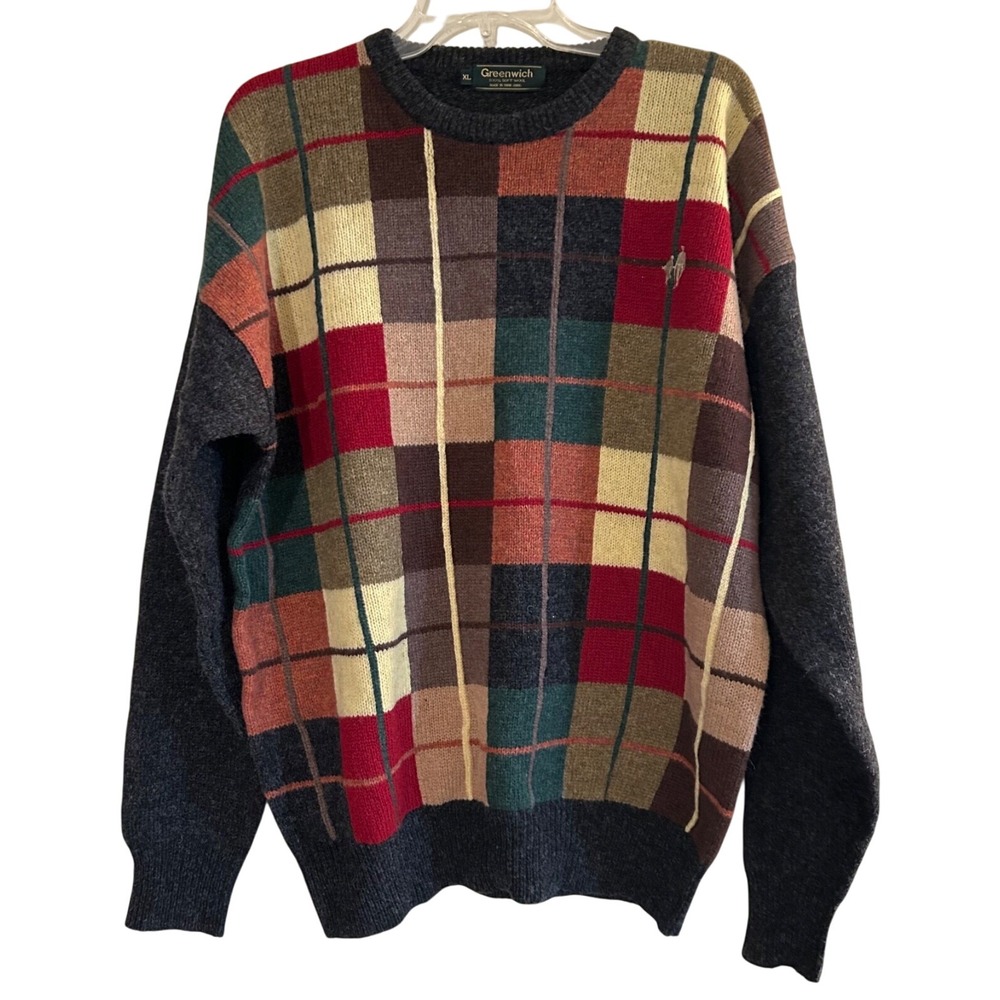 Vtg Greenwich Mens Wool Sweater Multicolor Square‎ Patchwork XL